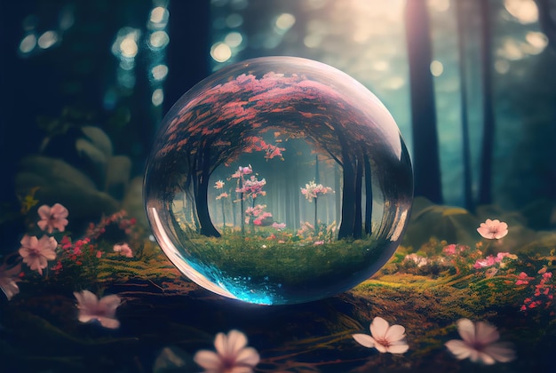 Paisaje de bosque mágico con esfera de vidrio IA generativa