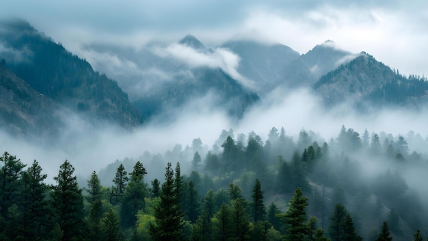 Foto paisaje de un bosque misterioso y brumoso