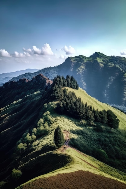 Paisaje con bosque de montañas y cielo con nubes creado con tecnología generativa de inteligencia artificial