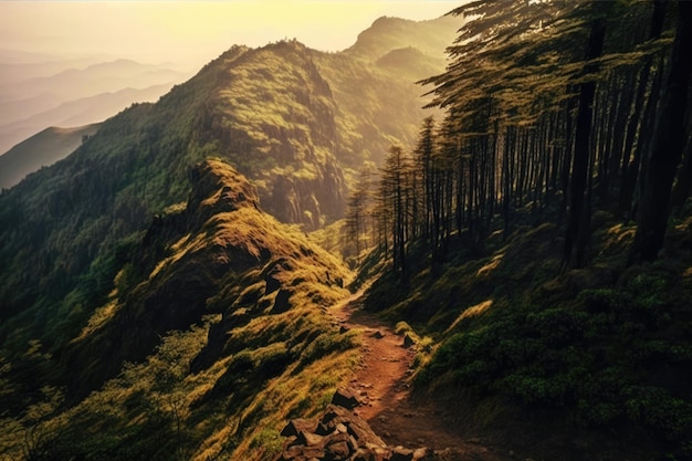 Paisaje con bosque de montañas y cielo con nubes creado con tecnología generativa de inteligencia artificial