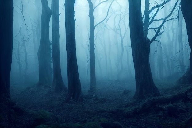 Paisaje de bosque de niebla embrujada fondo oscuro concepto espeluznante y aterrador representación 3d