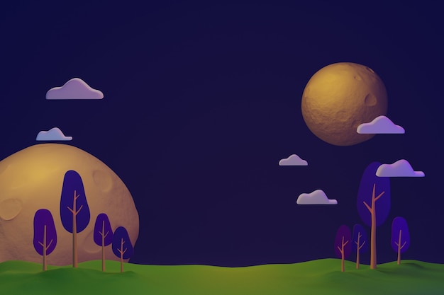 Paisaje de bosque de noche oscura en el planeta con luna y estrella ilustración 3d