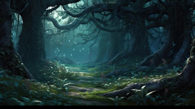 paisaje de bosque oscuro fondo bosque de fantasía con un camino luminoso