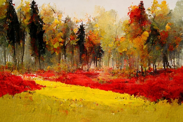 Paisaje de bosque otoñal Pintura de acuarela colorida de la temporada de otoño Árboles rojos y amarillos