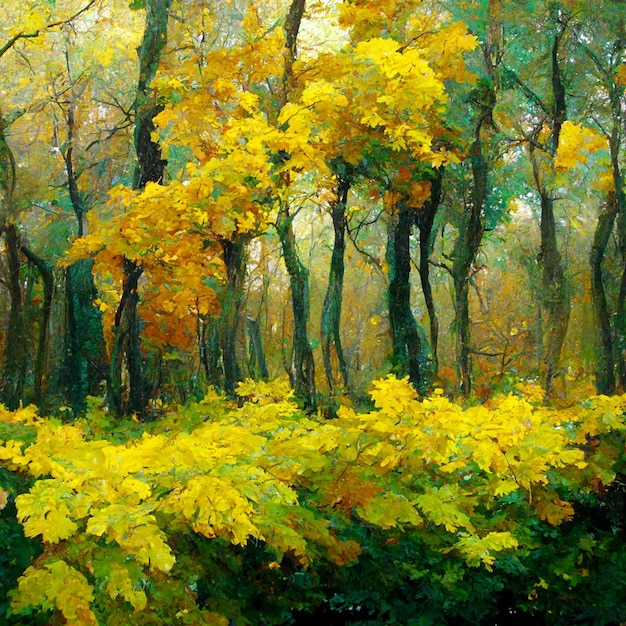 Paisaje de bosque otoñal Pintura de acuarela colorida de la temporada de otoño Árboles verdes y amarillos