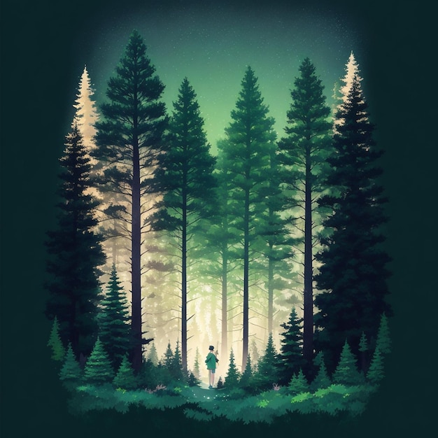 Un paisaje de bosque de pinos diseño de camiseta mágica vibrantes colores verde pálido fondo oscuro oscuro ma