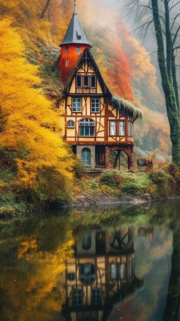 Paisaje con un bosque y un río en otoño