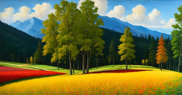 Paisaje Bosque Selva Pintura Ilustración Colorido Árboles encantados Naturaleza de ensueño IA generativa