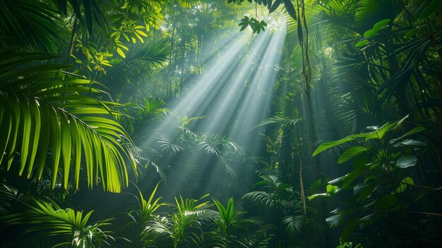 paisaje de bosque tropical con rayos de sol que surgen a pesar de las ramas verdes de los árboles