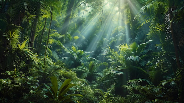 Paisaje de bosque tropical con rayos de sol que surgen a través de las ramas verdes de los árboles