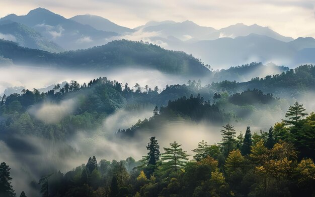 Paisaje de bosques de montaña con niebla