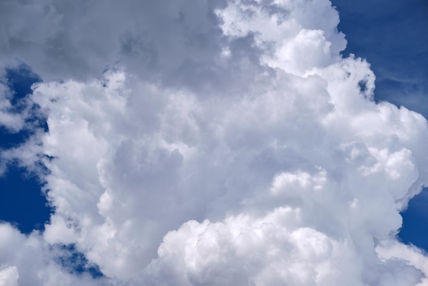 Paisaje brillante de nubes de cúmulos hinchadas blancas en el cielo azul claro.