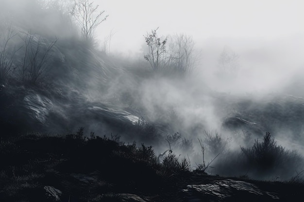 Un paisaje brumoso con árboles y niebla en primer plano.