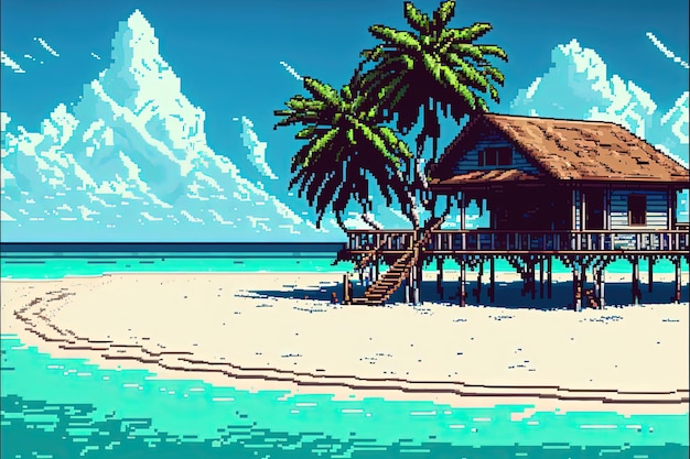 Paisaje de bungalows de playa de Pixel art Paradise Island Resort en estilo retro para juegos de IA de 8 bits