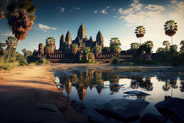 Paisaje de Camboya con templo y río Arte generativo de IA Hermosa vista