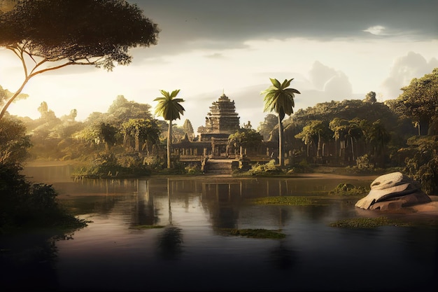 Paisaje de Camboya con templo y río Arte generativo de IA Hermosa vista