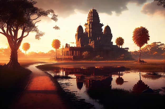 Paisaje de Camboya con templo y río Arte generativo de IA Hermosa vista