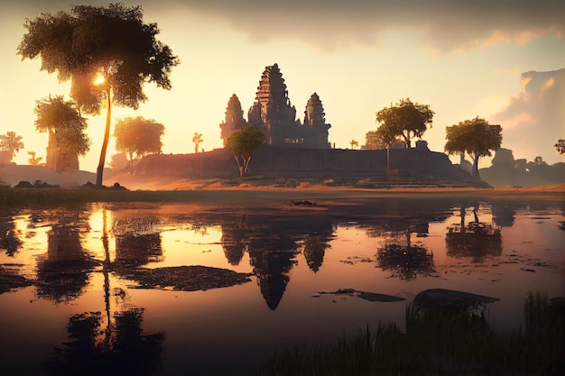 Paisaje de Camboya con templo y río Arte generativo de IA Hermosa vista