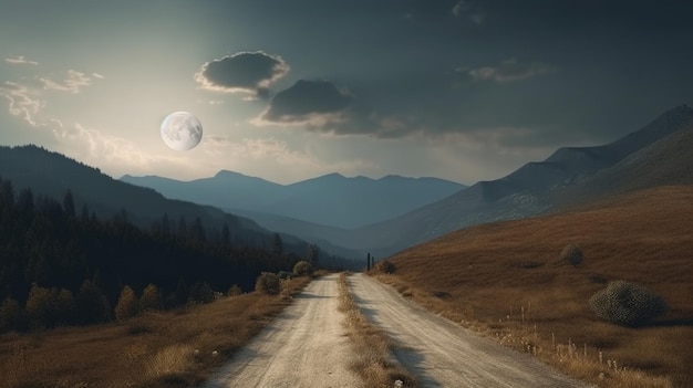 Paisaje con un camino en las montañas en la noche generativa ai