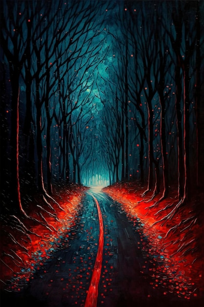 paisaje Camino de terracota a través del bosque oscuro, noche estrellada