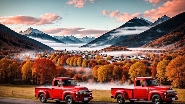 Paisaje de una camioneta roja en el fondo de un pintoresco pueblo en las montañas