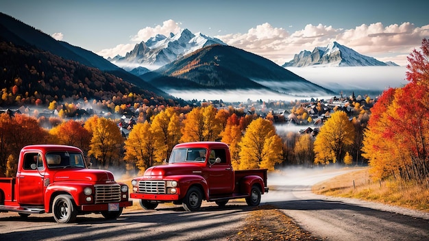 Paisaje de una camioneta roja en el fondo de un pintoresco pueblo en las montañas