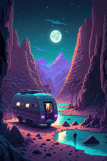 paisaje de camping en las montañas en colores vivos.