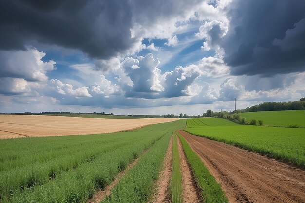 Foto paisaje con un campo agrícola bajo el cielo con nubes