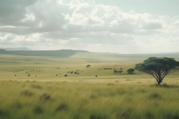 Un paisaje con un campo y árboles y un cielo nublado