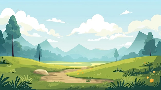 Paisaje de campo de arroz y montañas en la ilustración de la mañana.