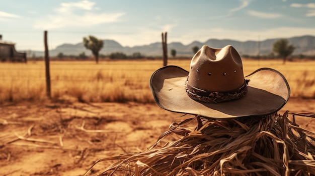 Paisaje de campo escénico con sombrero en pacas de paja en medio de un campo IA generativa