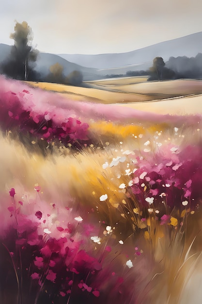 Paisaje de campo de flores abstracto minimalista en pintura al óleo magenta, beige claro y dorado