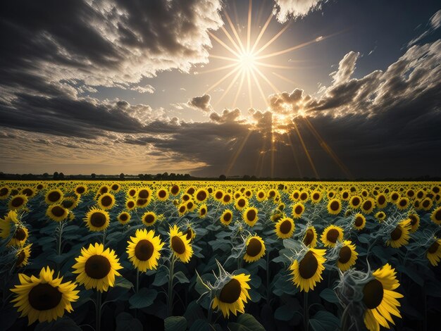 Paisaje con campo de girasol cielo y sol ai generativo.