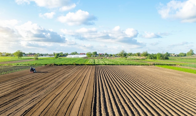 Paisaje de campo de la granja y un tractor Industria agrícola Desarrollo de la economía agrícola Agricultura agrícola Relajamiento del cultivo de la superficie Preparación para una nueva siembra Cortar filas