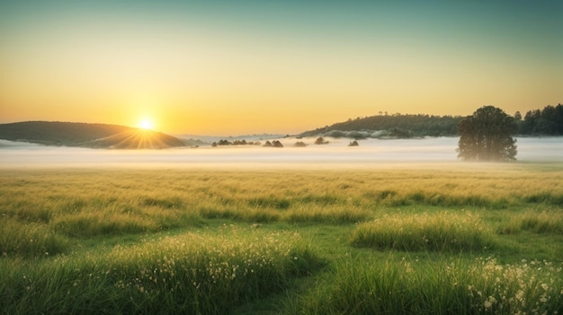 Paisaje de campo de hierba con el amanecer un prado en flor y panorama de niebla AI Generado