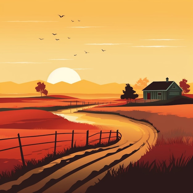 Paisaje de campo en la ilustración de vector de puesta de sol