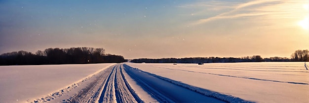 paisaje de un campo y montañas todas cubiertas de nieve y el sol brillante