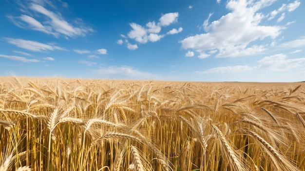 Paisaje con campo de trigo dorado y día soleado bajo cielo azul campo rural IA generativa