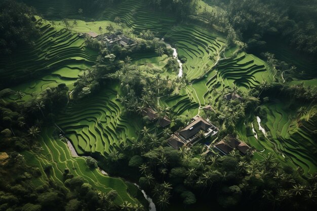 Un paisaje de campos de arroz con un río que atraviesa el valle.