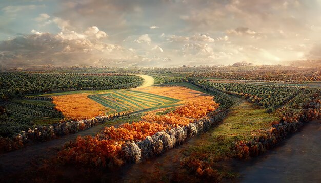 Paisaje con campos de naranjos panorama de campo con tierras de cultivo en otoño