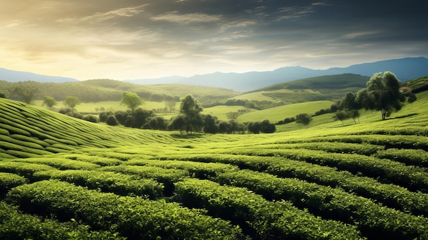 Paisaje con campos verdes en un día despejado y soleado