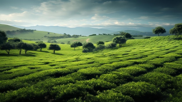 Paisaje con campos verdes en un día despejado y soleado