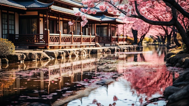 Paisaje de canal con flores de sakura Práctica de relajación japonesa de shinrinyoku generada por la IA