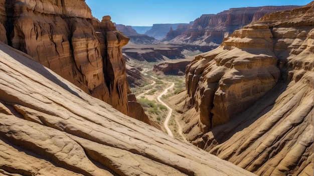 Paisaje del cañón con sinuosa carretera de tierra