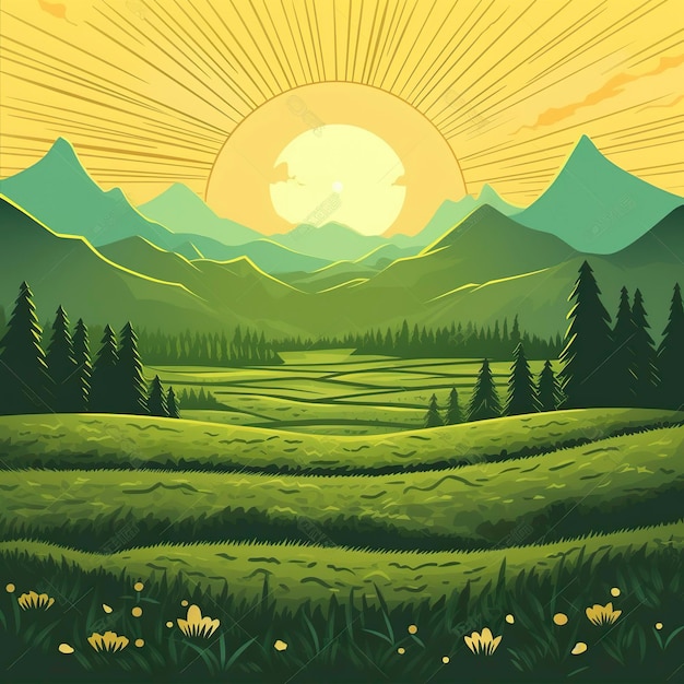 Un paisaje caricaturesco de un campo verde y montañas AI generativo