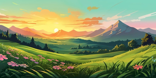 Un paisaje caricaturesco de un campo verde y montañas AI generativo