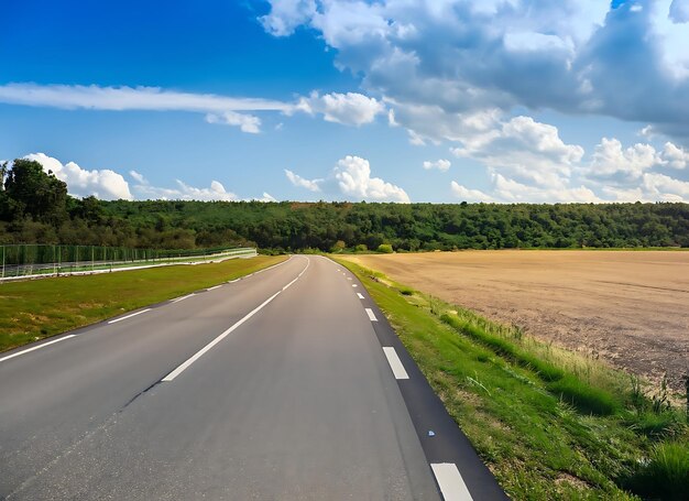 Paisaje con carretera de campo camino de asfalto vacío en fondo de cielo nublado azul