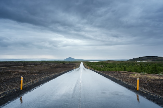 Paisaje con una carretera mojada en Islandia