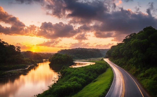 El paisaje de la carretera en natural con el sol de la mañana hermoso cielo generativo ai arte de ilustración