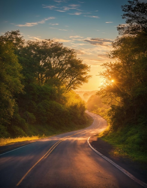 El paisaje de la carretera en natural con el sol de la mañana hermoso cielo generativo ai arte de ilustración